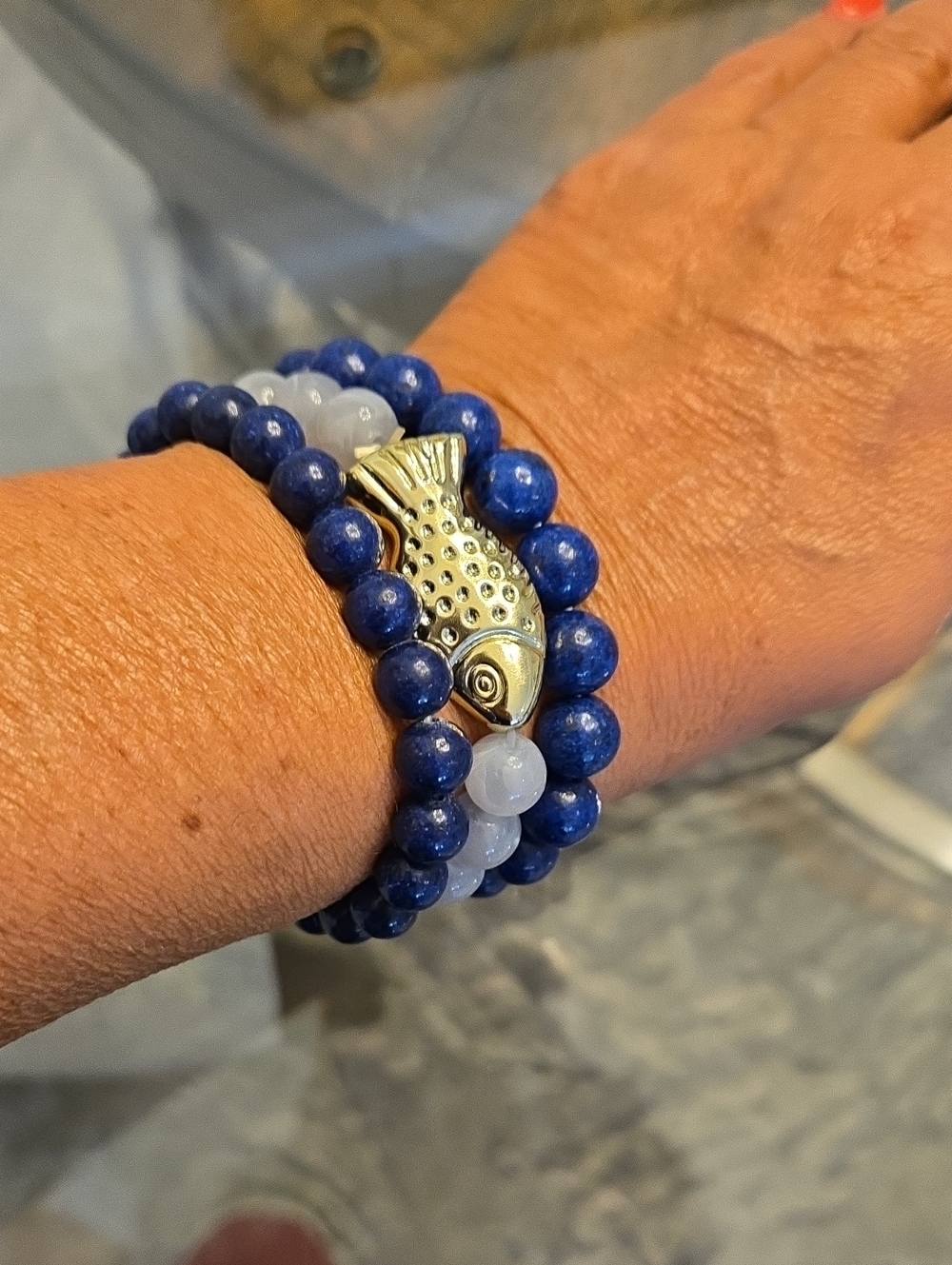 Set Of 3 Gold Fish Accent Blue and White Beaded Bracelets - Jewelry Gifts